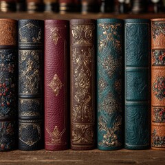 Row of antique-style leather-bound books