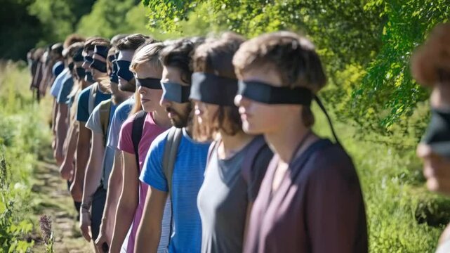 A line of people wearing blindfolds outdoors in a sunny day with greenery in the background