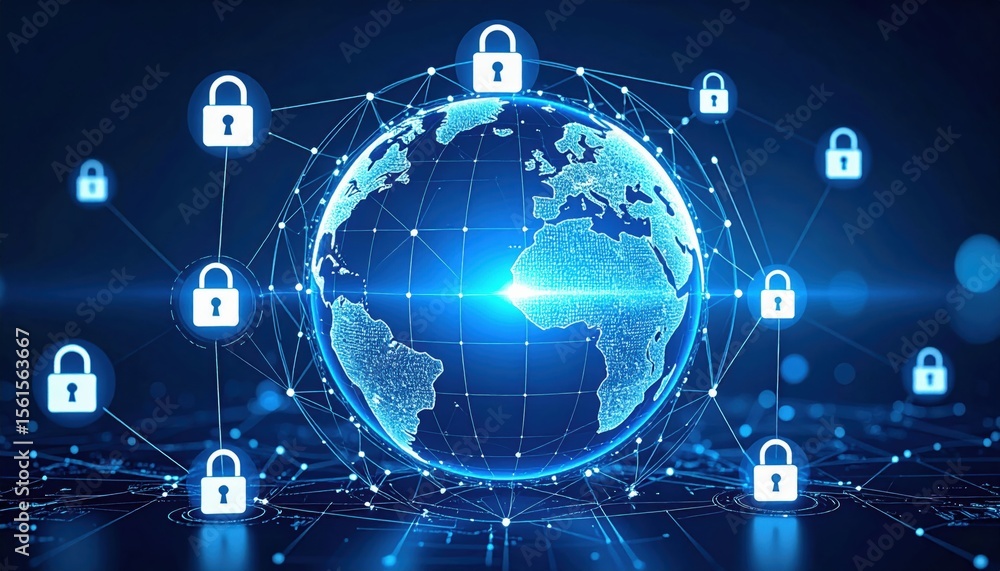 Poster a digital globe surrounded by interconnected padlock icons symbolizes global cybersecurity and data 