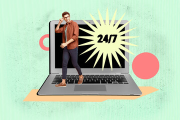 Creative banner image collage of young business entrepreneur guy 24 7 workaholic improvement trader...