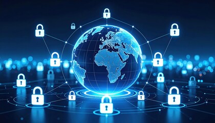 A digital globe surrounded by glowing padlocks connected through a network, symbolizing global cybersecurity and data protection.