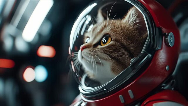 Cat astronaut explores space with a curious gaze in a futuristic setting