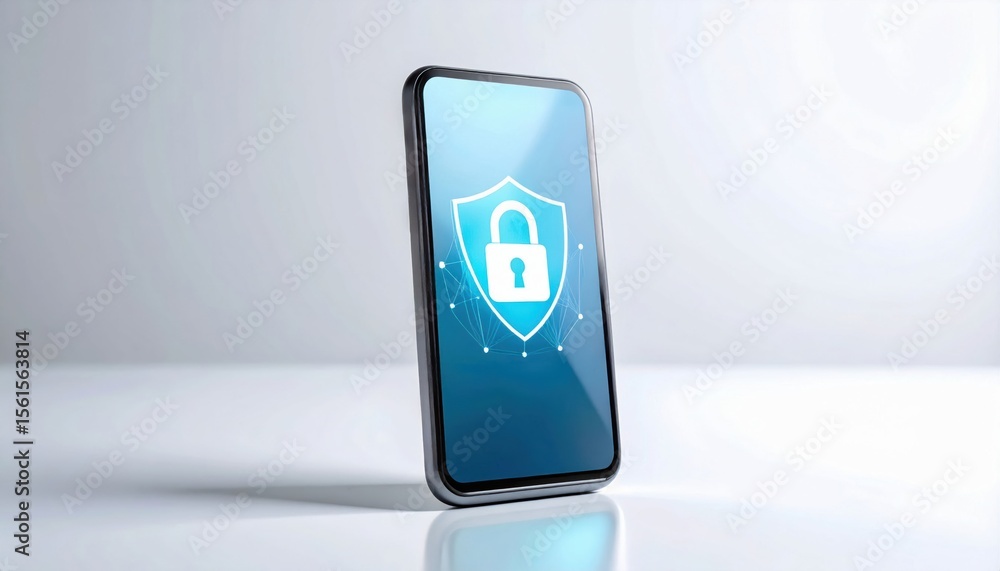 Poster a smartphone displays a digital shield lock icon, symbolizing mobile security and data protection on