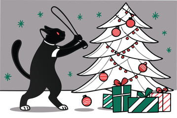 Cute cat playfully interacts with festive christmas ornaments and decorations