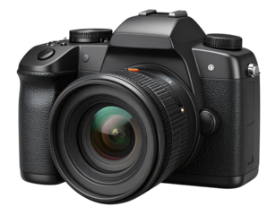  3D Rendered Icon of a Black DSLR Camera with Visible Lens and Grip, Transparent Background