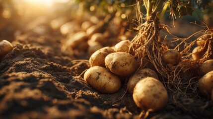 Freshly harvested potatoes with roots and soil in sunlit outdoor landscape scene.