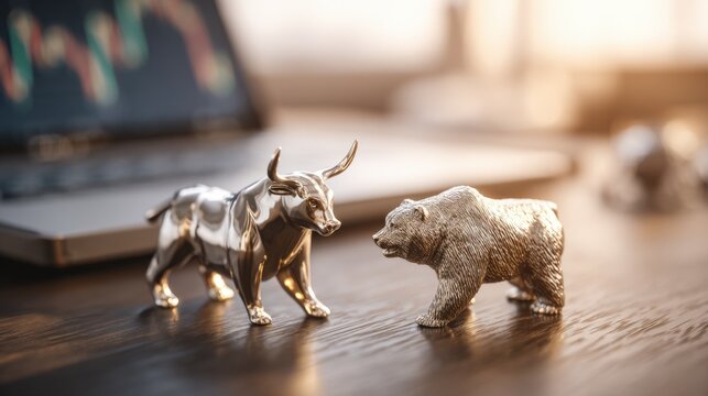 Close-up of metallic bull and bear figurines on wooden desk with blurred laptop in background.