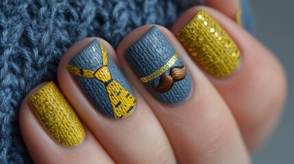 Fatherâ€™s Day nails with tiny tie and mustache designs on a blurred blue and gray background