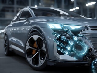 Obraz premium A futuristic robot hand points toward a modern silver electric car in a bright automotive factory setting.