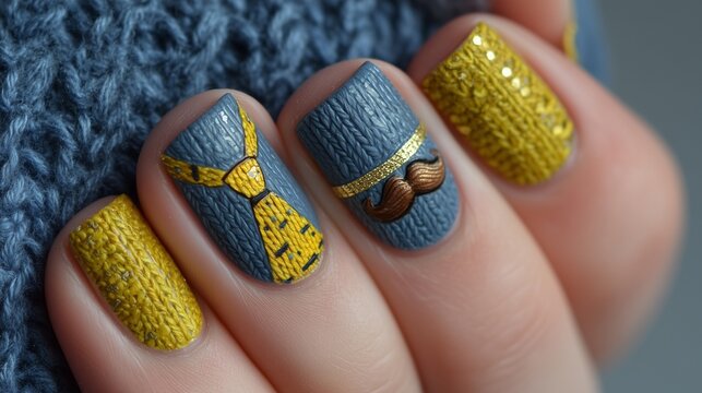 Father’s Day nails with tiny tie and mustache designs on a blurred blue and gray background