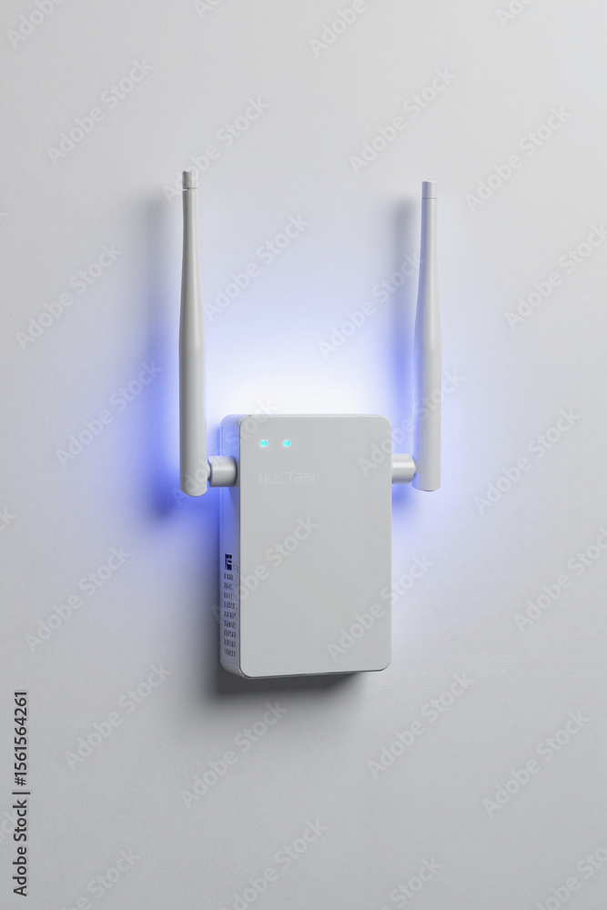 Poster wireless extender showing illuminated lights connected to electric outlet on white wall. wireless ex
