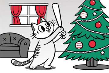 Cute cat playfully engaged with festive christmas ornaments