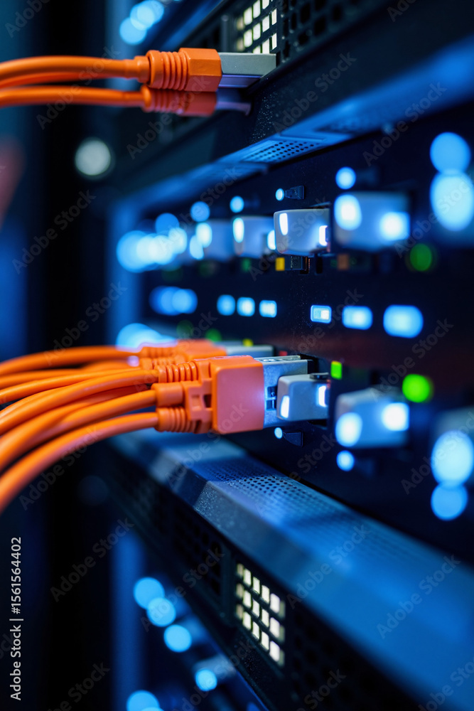 Poster data center with connected patch cables and blinking lights for network connectivity. modern data ce