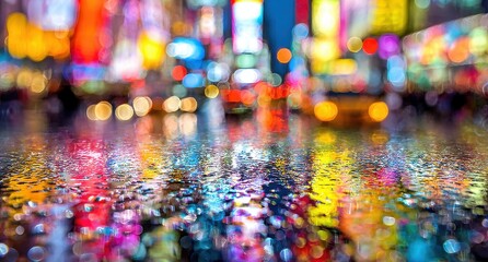 Obraz premium Blurred city lights reflecting in wet street