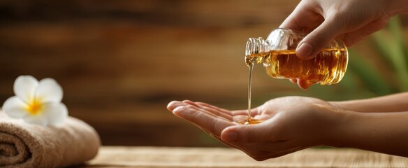 The soothing moment of oil being poured into hands for relaxation.