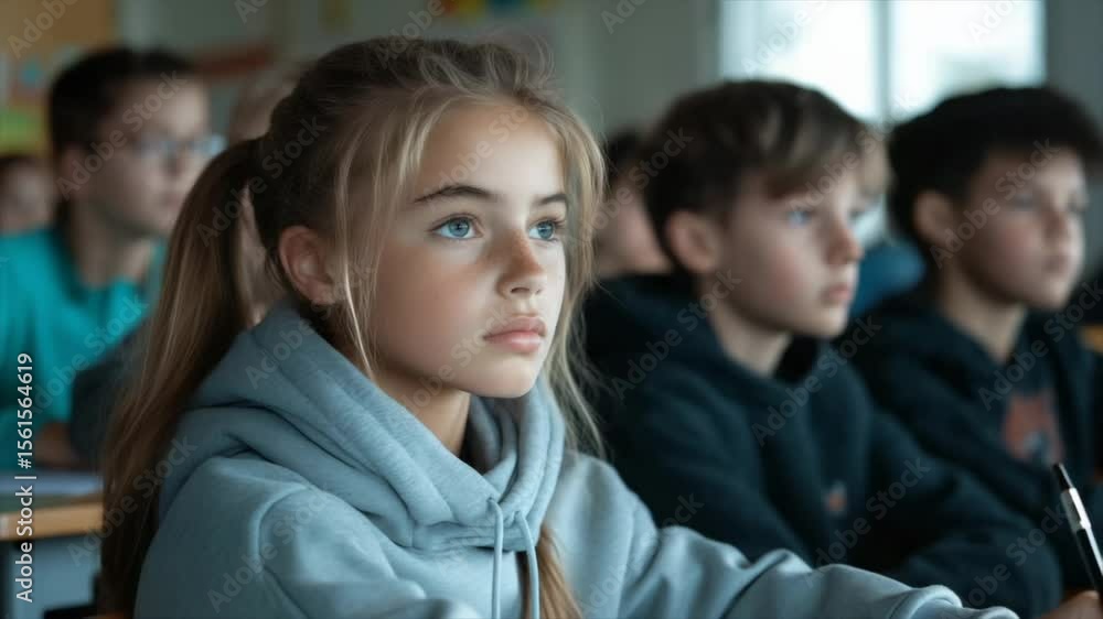 Poster engaged students listening intently during a classroom session in a modern learning environment
