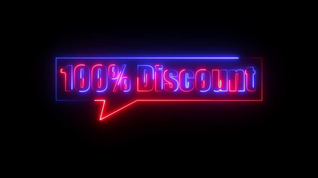 Neon Glowing Discount  icon animation, 100% discount video animation, or 50% discount neon icon animation, sale discount store price shopping motion