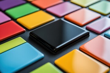 Fototapeta premium Square button interface mockup, central black icon and alternate colored tiles left-aligned