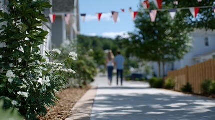 Scenic suburban street with trees flowers and people walking under bunting flags during daytime.