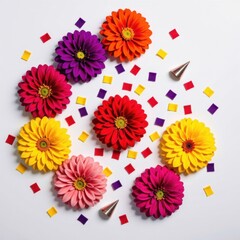 Bright colorful flowers and confetti celebration decorations with vibrant daisy blossoms and metallic party hats on a cheerful festive background