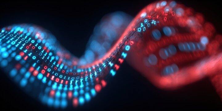 Highly Detailed Digital Abstract Image of a Glowing DNA Double Helix with Binary Code in Blue and Red Colors for Scientific and Technology Themes. - Powered by Adobe