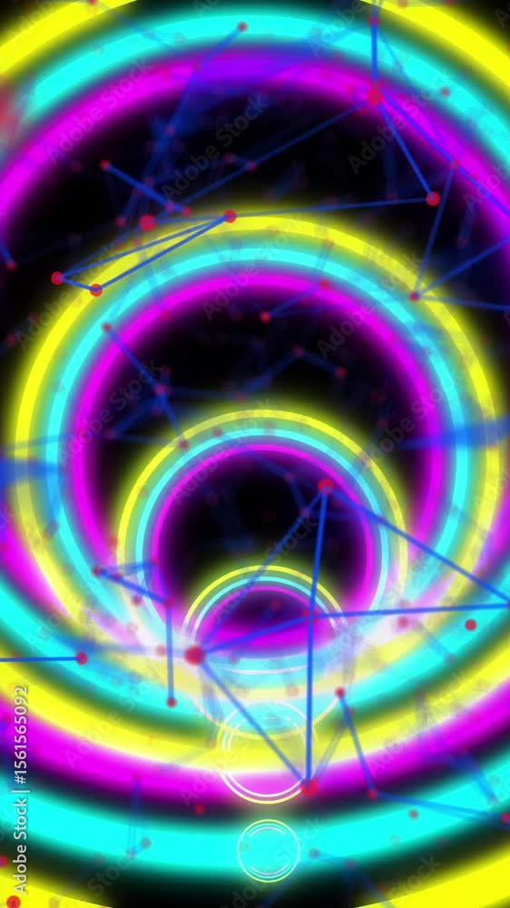 Poster animation of network of connections over shapes on black background