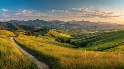 Fototapeta premium Vibrant Rolling Hills Landscape at Sunset with Green Fields and Mountain View.