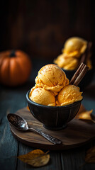Pumpkin vegetable vegan ice cream with nutmeg and maple syrup on rustic dark background.