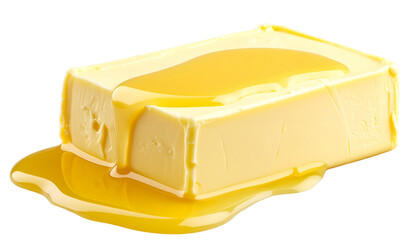 A piece of butter melting, with some portions in a liquid state and others still solid, glistening with a rich golden color
