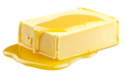 A piece of butter melting, with some portions in a liquid state and others still solid, glistening with a rich golden color