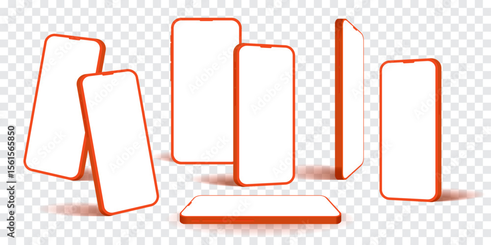 Poster 3d smartphone mockup set – red orange edge mobile phone frame with front, side, perspective, horizon