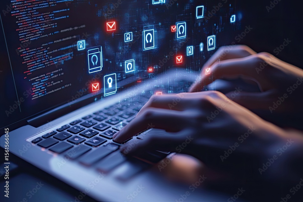 Poster close-up of hands typing on a laptop, glowing security icons hovering above the keyboard, and coding