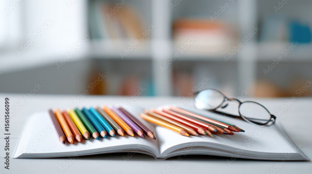 Poster open notebook with colorful pencils and eyeglasses on table in bright room.