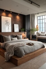 Modern Bedroom Interior with Large Window Natural Light Cozy Decor and Comfortable Bed.