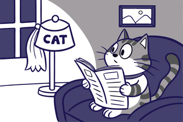 Whimsical cat reading a newspaper in a cozy setting