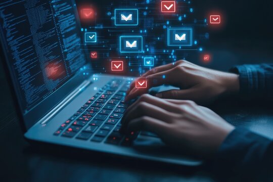 Close-up of hands typing on a laptop, email icons and code floating around