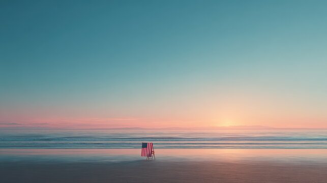 Serene beach scene at sunrise with American flag beach chair on quiet shoreline. - Powered by Adobe