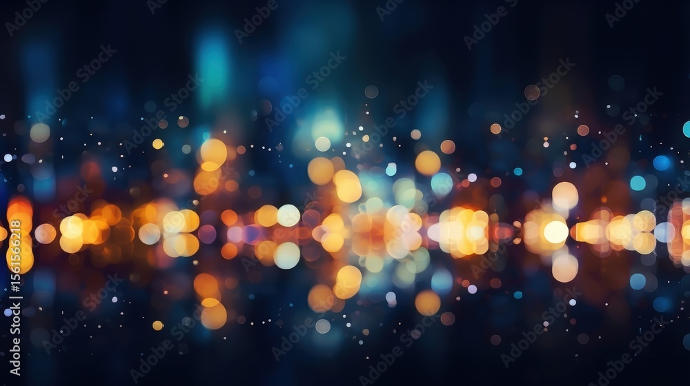 Poster a vibrant abstract image featuring colorful bokeh lights reflected on a glossy surface, creating a f