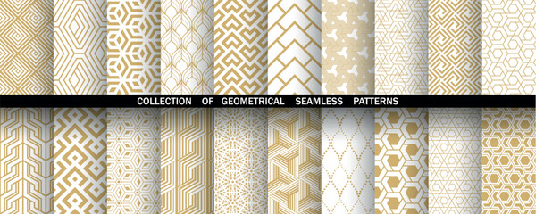 Geometric set of seamless golden and white patterns. Simple vector graphics