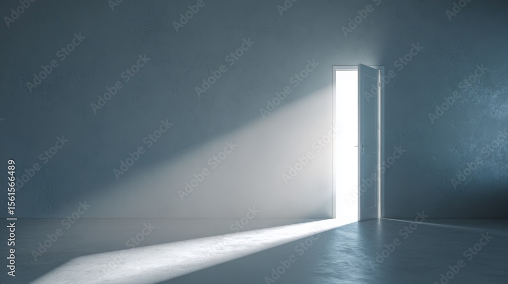 Poster bright light shining through open door creating shadows in minimalist room.