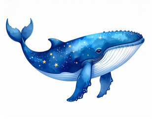 Fototapeta premium blue watercolor whale with stars isolated on white background