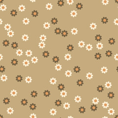 asymmetrical Seamless pattern with simple white and brown flowers chaotic scattered on a beige background, ideal for feminine and delicate designs