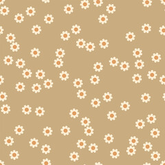 Seamless floral pattern with white daisies chaotic scattered on a warm brown background, creating a delicate and charming design