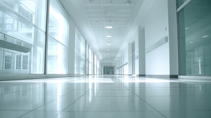 Fototapeta premium Bright modern corridor with large windows in a sleek contemporary building interior.