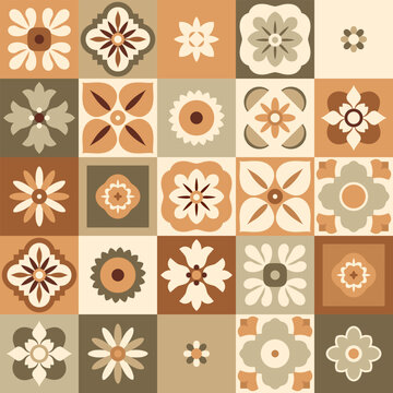 Earthy tones and stylized floral motifs combine in a seamless pattern, evoking a retro aesthetic perfect for backgrounds and textile designs