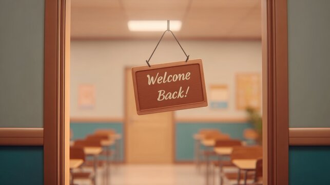 Warm Welcome Back Sign Hanging on School Doorway with Classroom in Background. - Powered by Adobe