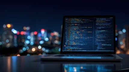 Modern laptop displaying computer code with cityscape blurred background at night.