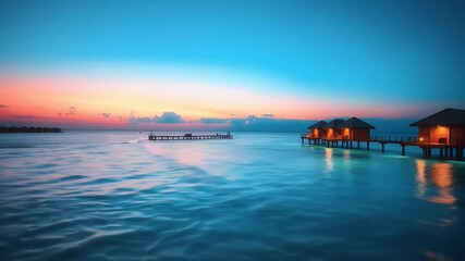 Turquoise Blue Light Trails on a Turquoise Lagoon in the Maldives at Sunset with Overwater Bungalows and a Pink Sky - Powered by Adobe