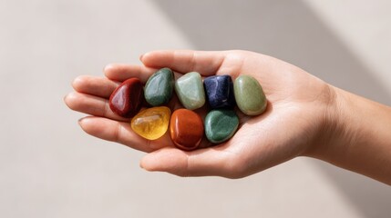 Hand holding colorful polished smooth river stones on a light neutral background.