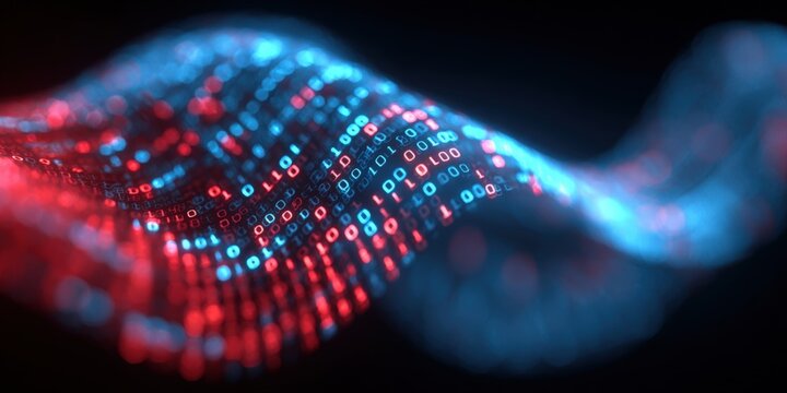 Close-up of illuminated digital data stream with glowing binary code in vibrant red and blue tones.